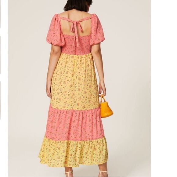 COLOR ME COURTNEY Yellow Pink Ditsy Flower Printed Cece Maxi Dress Size 10 - Picture 2 of 16